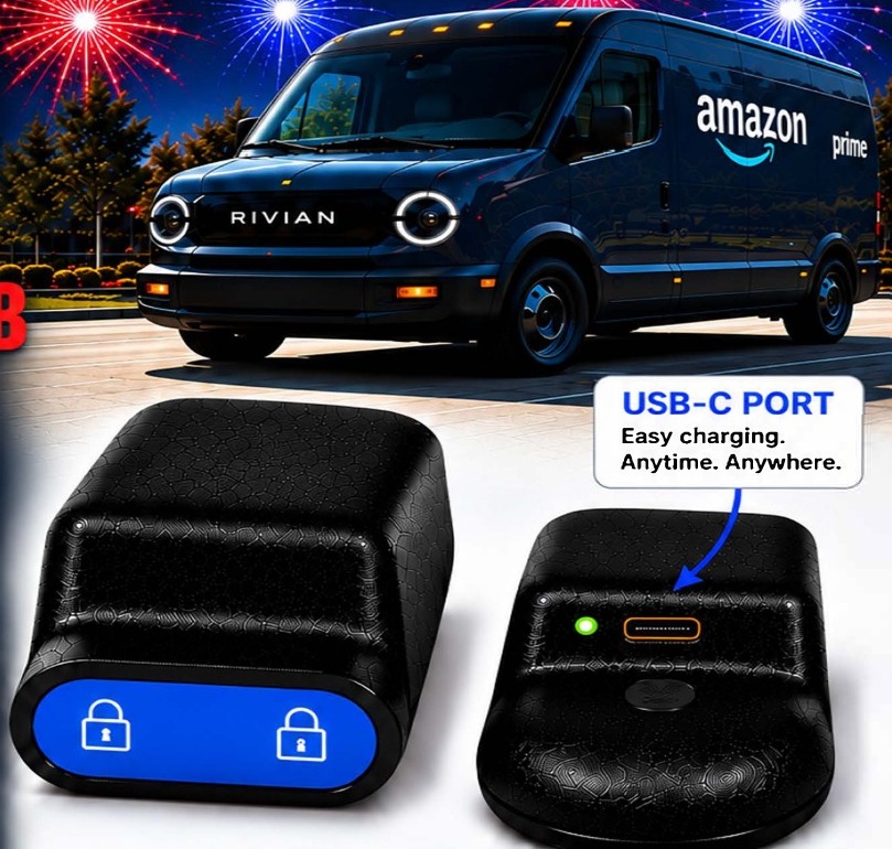 ARK rechargeable key fob with USB-C port in front of a Rivian delivery van